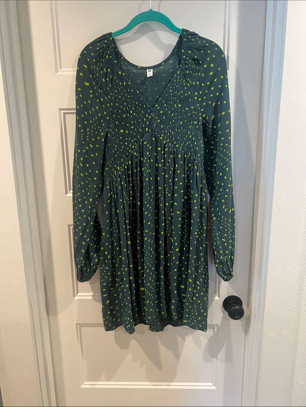 bp Green Long-Sleeve Smocked Dress with Lime Dot Print